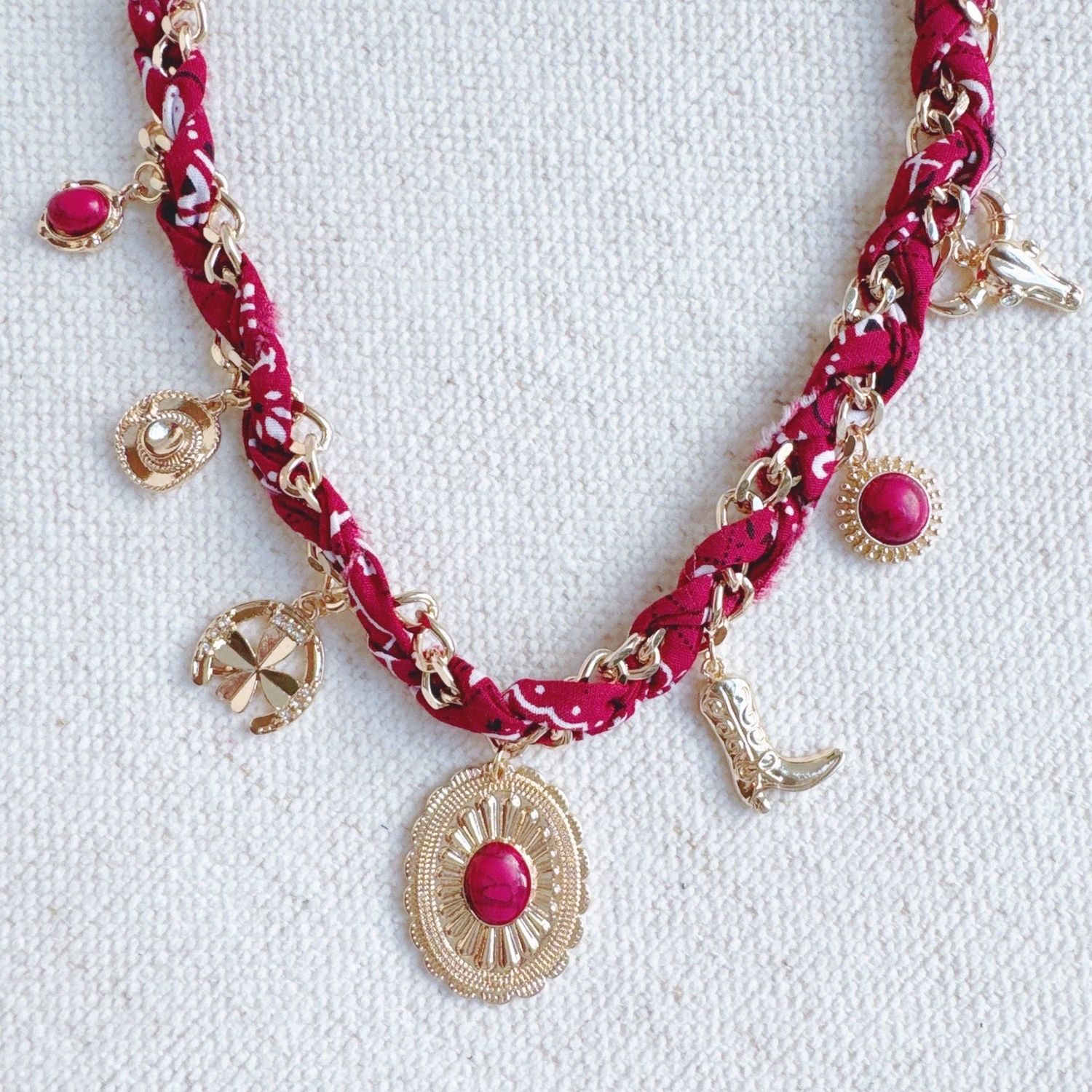 Western Charm Scarf Necklace, Color: Burgundy Red