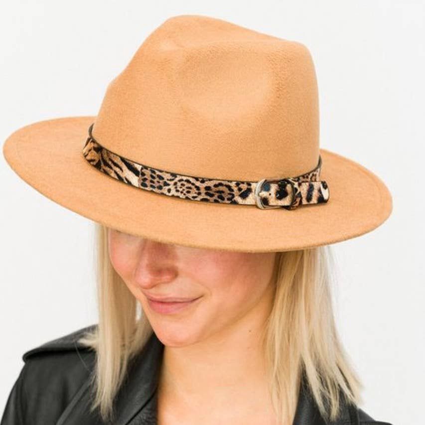 Leopard Band Fedora Hat, Color: Camel