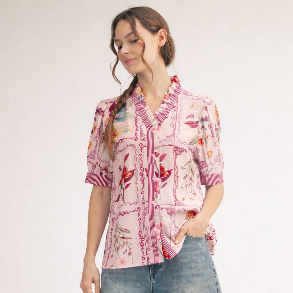 Framed Botanical Blouse, Color: Pink, Size: SMALL