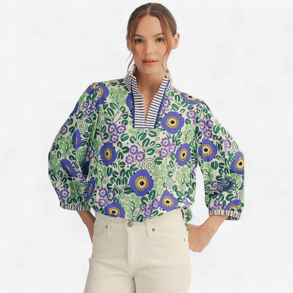 Royal Flowers &amp; Stripes Top, Size: SMALL