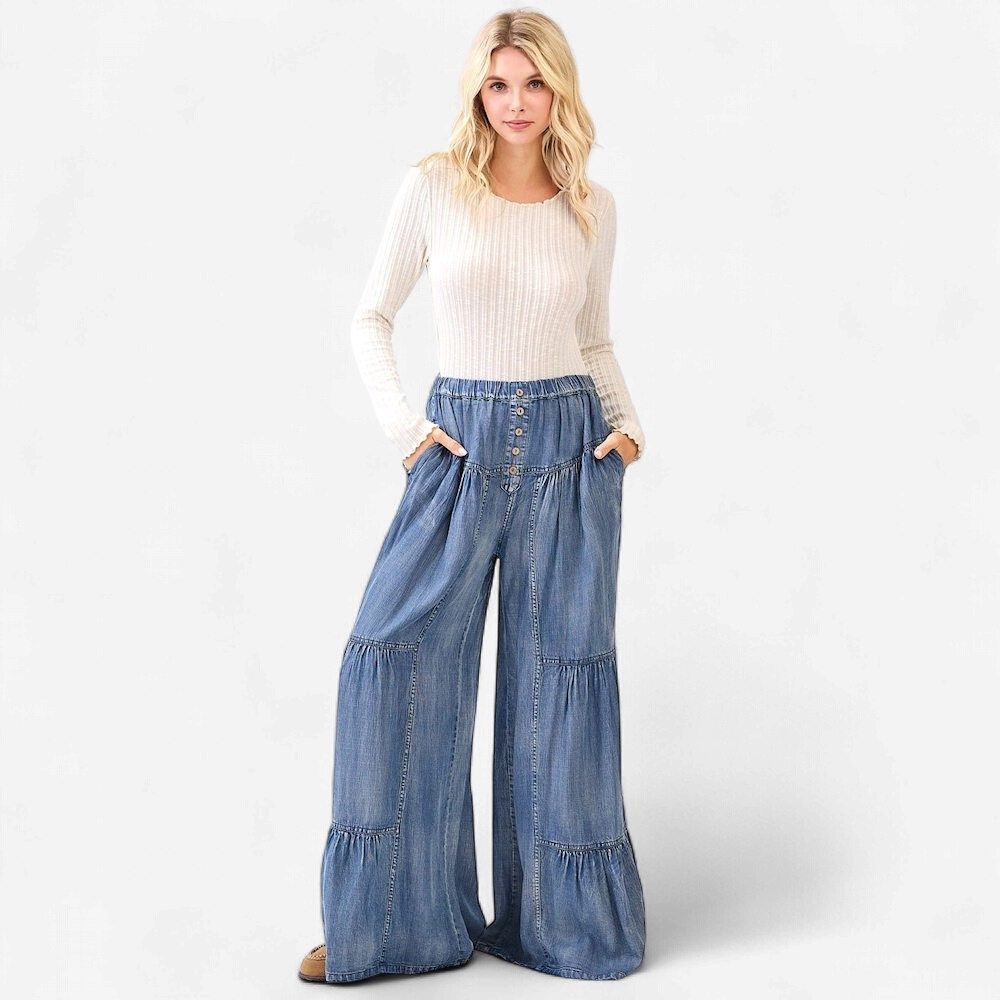 Chambray Wide Leg Pants, Size: SMALL