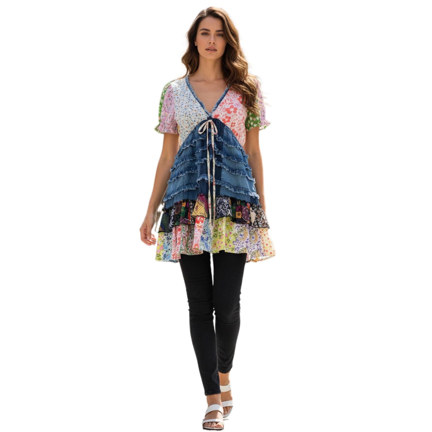 Patchwork Layered Denim Top, Size: SMALL