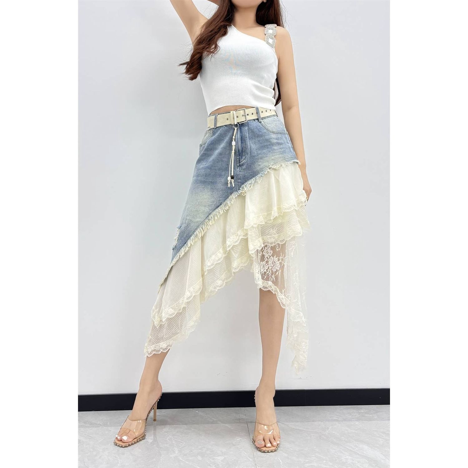 Moonlight &amp; Denim Lace Skirt, Size: SMALL