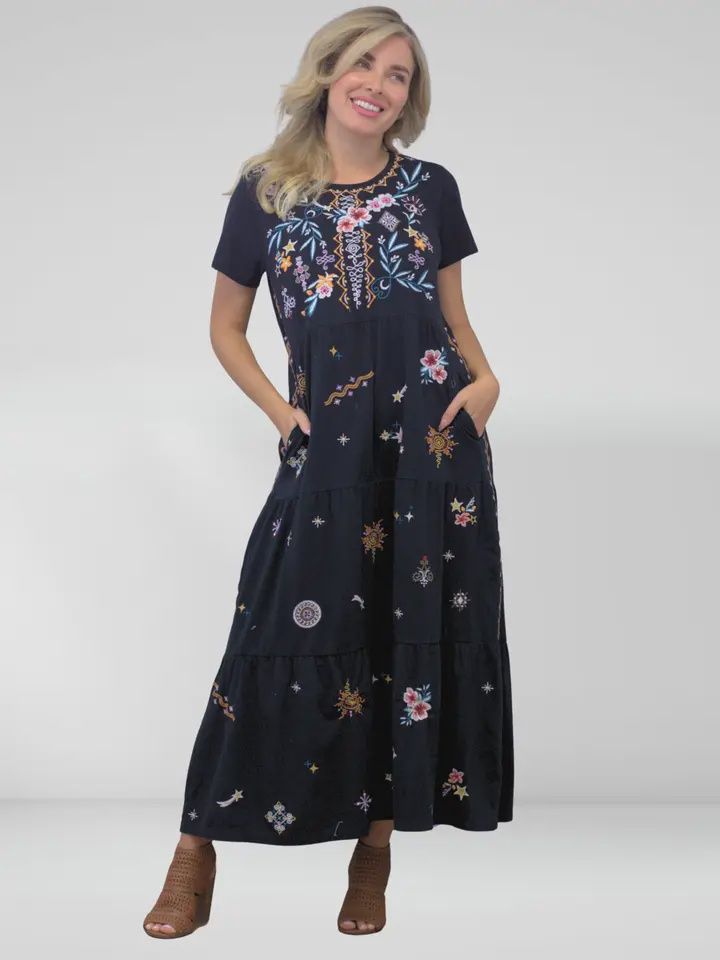 Midnight Wildflower Embroidered Maxi Dress, Size: SMALL