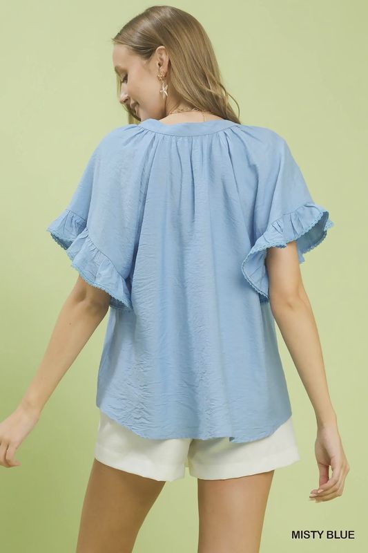 Misty Blue Ruffle Sleeve Top