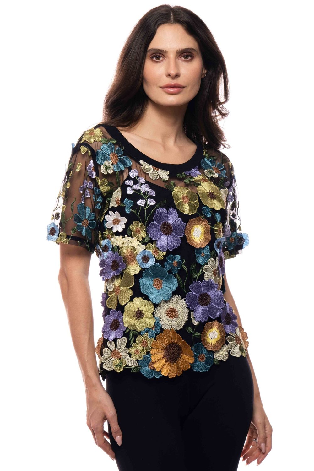 Midnight Garden Embroidered Mesh Top, Size: S