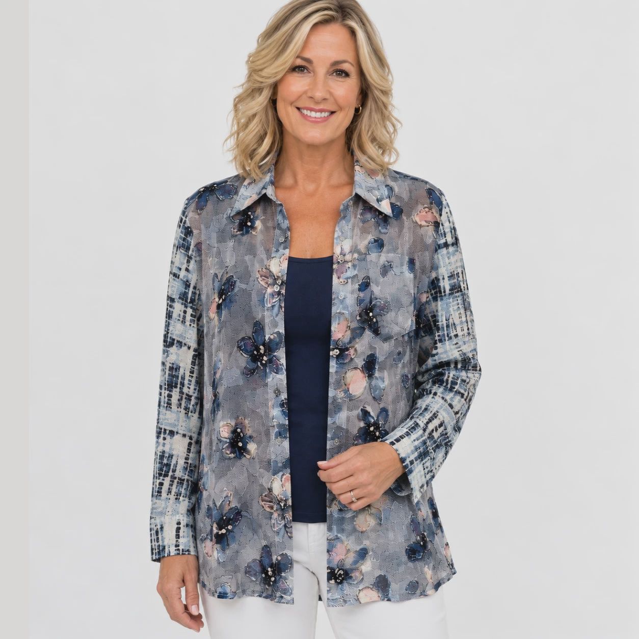 Mixed Media Blue Floral Mesh Blouse, Size: SMALL