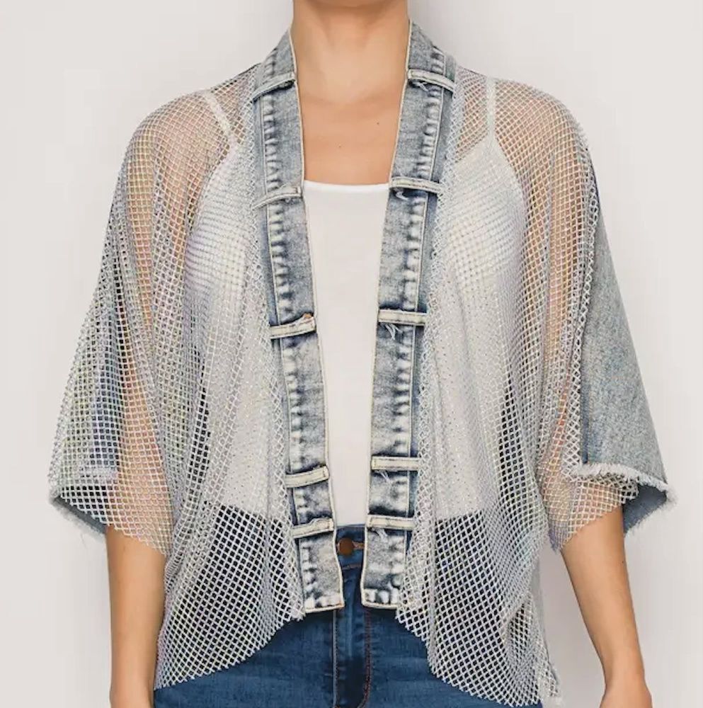 Sparkling Mesh Denim Jacket, Size: SMALL