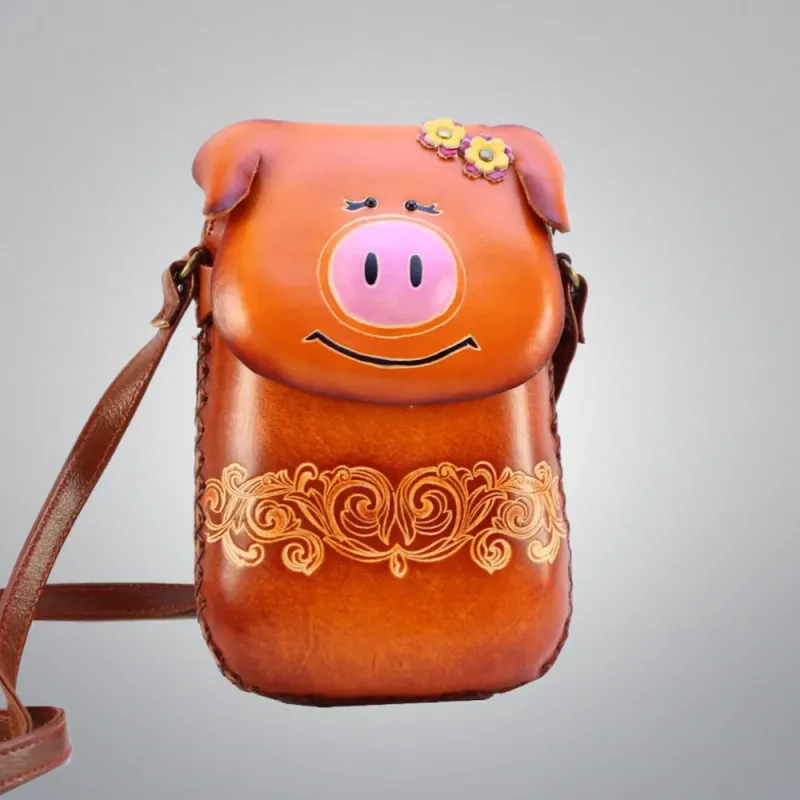 Ms Piggy Handcrafted Leather Phone Bag