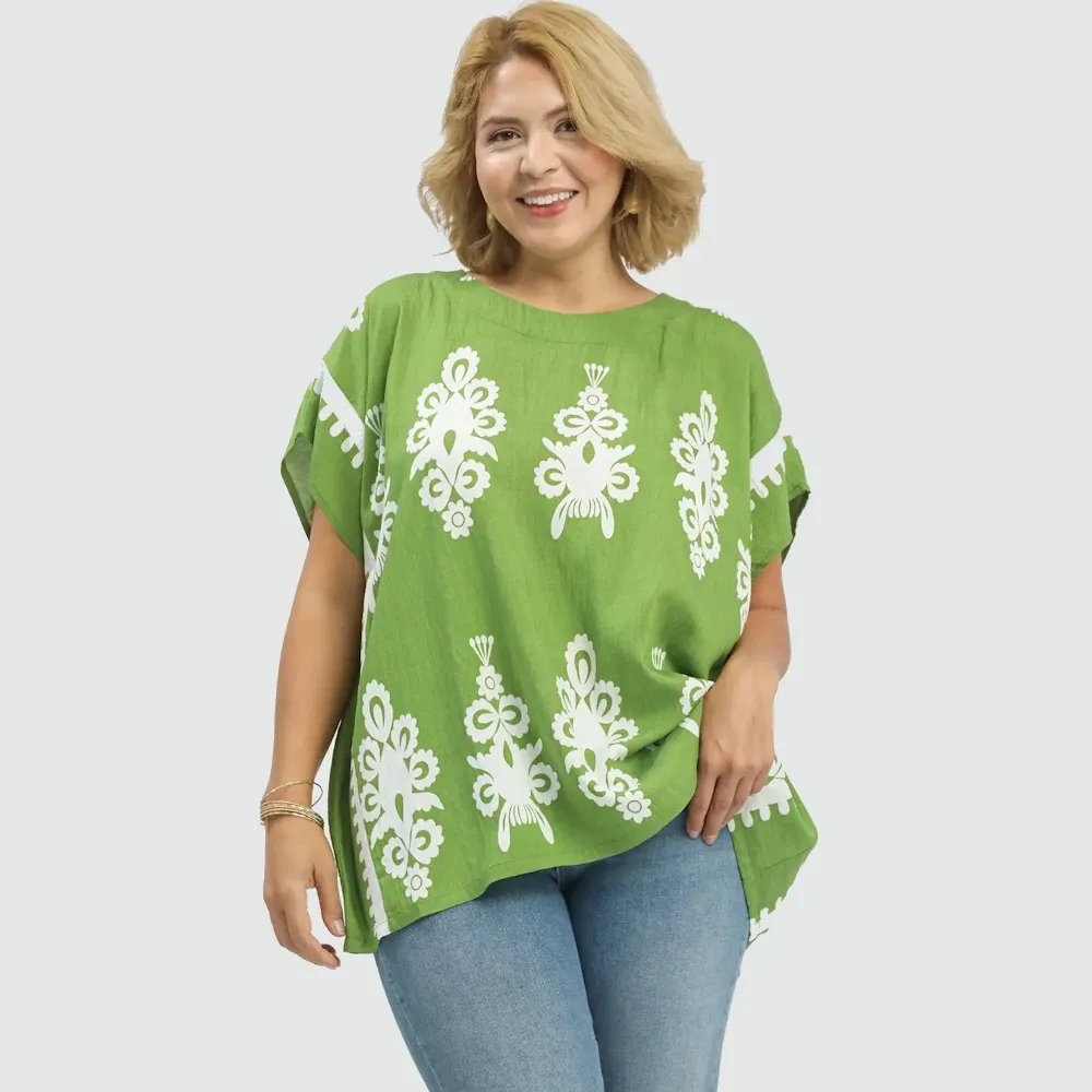 CURVY Border Print Poncho Top, Size: XL