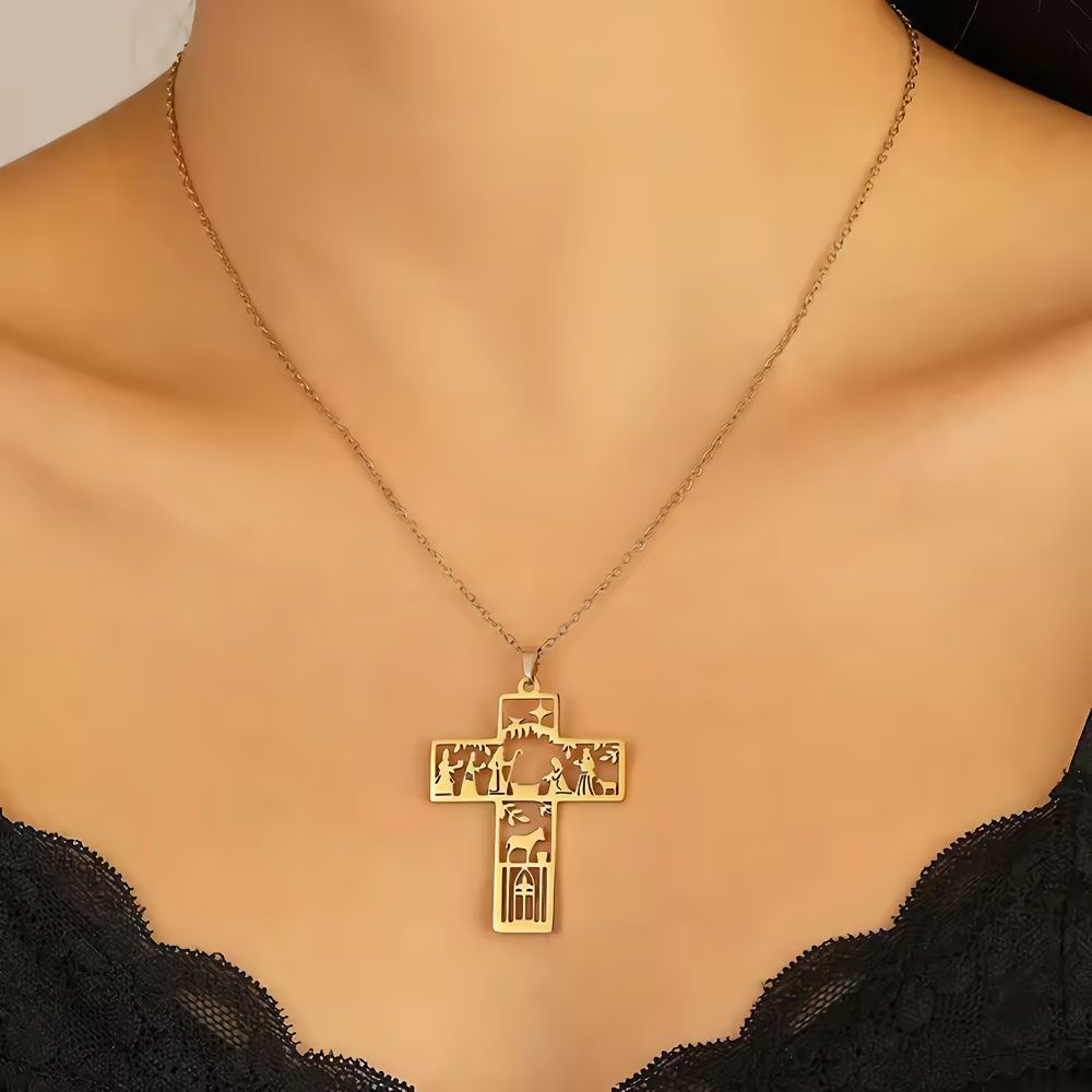 A Holy Night Nativity Cross Pendant, Color: Gold Tone