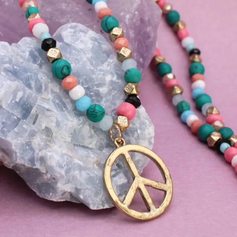 Colorful Beaded Peace Sign Necklace