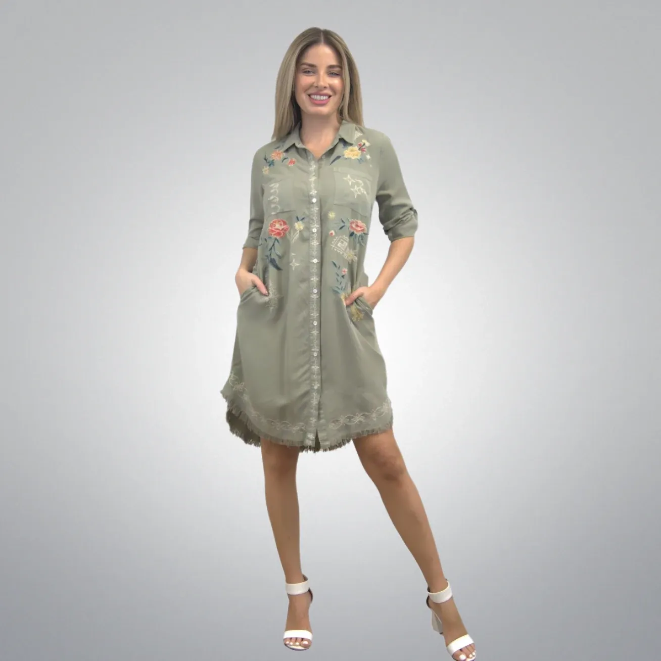 Garden Song Embroidered Tencel Shirt Dress, Size: SMALL