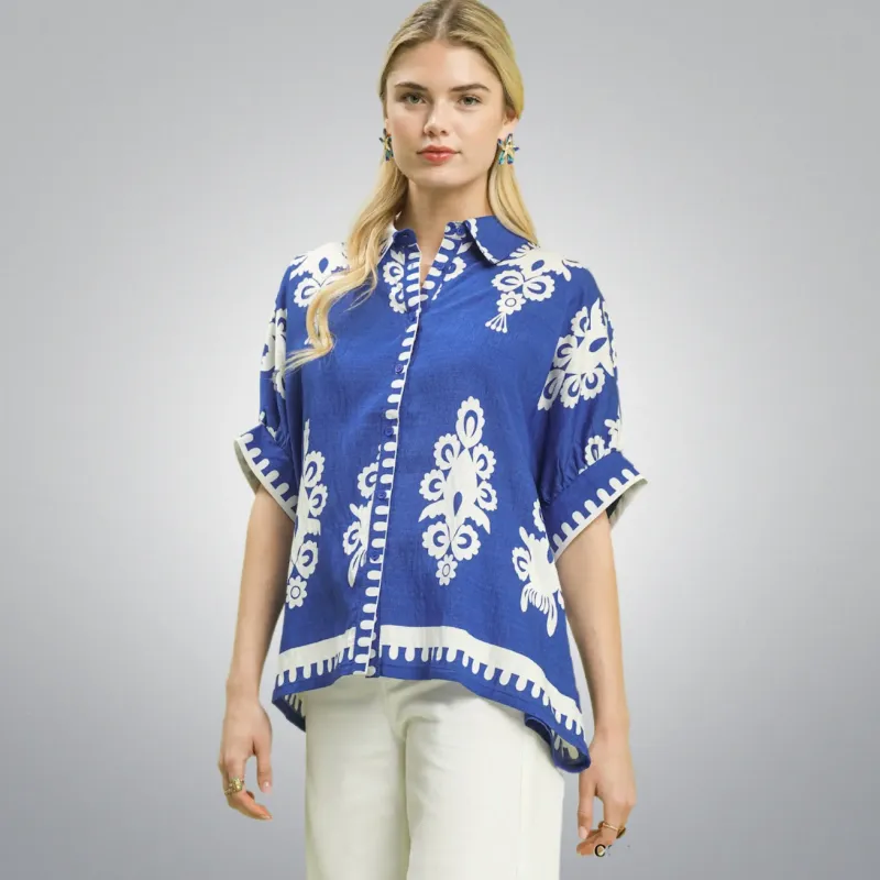 Blue Belle Folk Print Button-Down Top