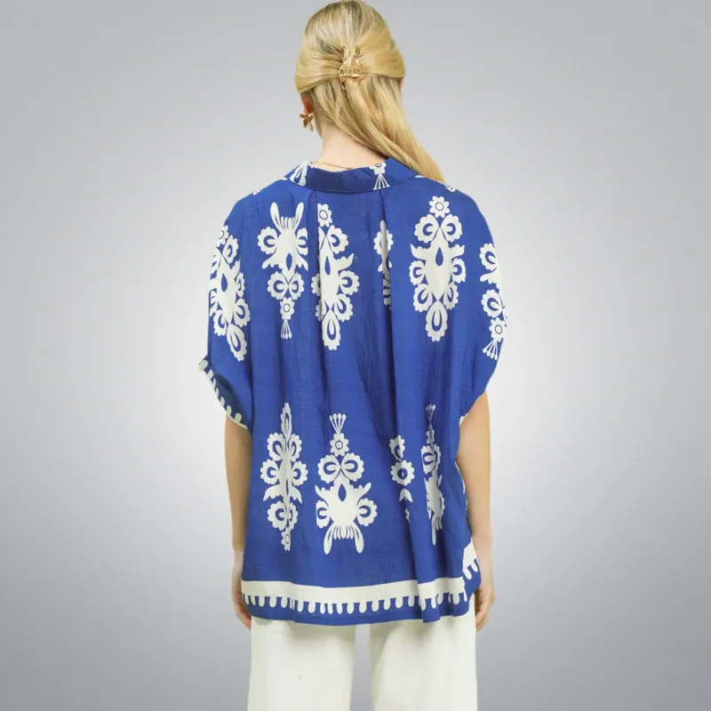 Blue Belle Folk Print Button-Down Top