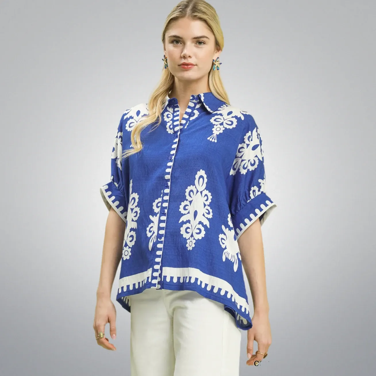 Blue Belle Folk Print Button-Down Top, Size: SMALL