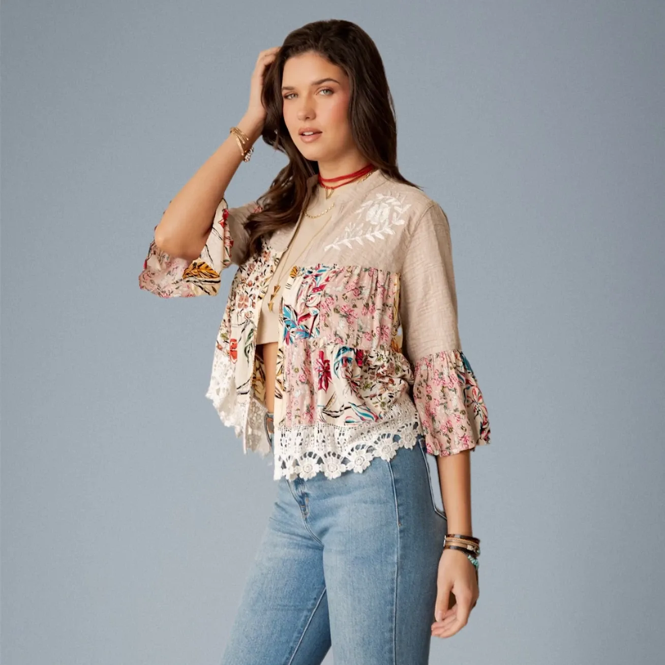 Wildflower Wanderer Lace-Trimmed Boho Shrug, Size: SMALL