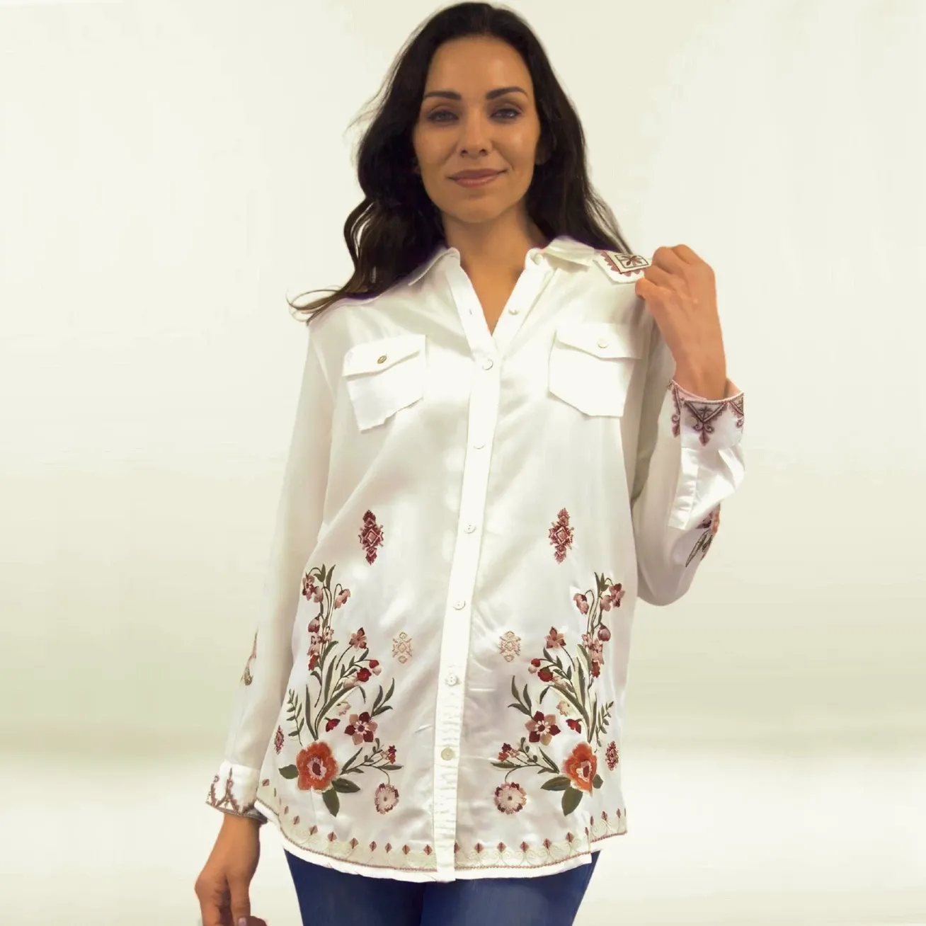 Prairie Rose Embroidered Western Tencel Shirt, Size: SMALL