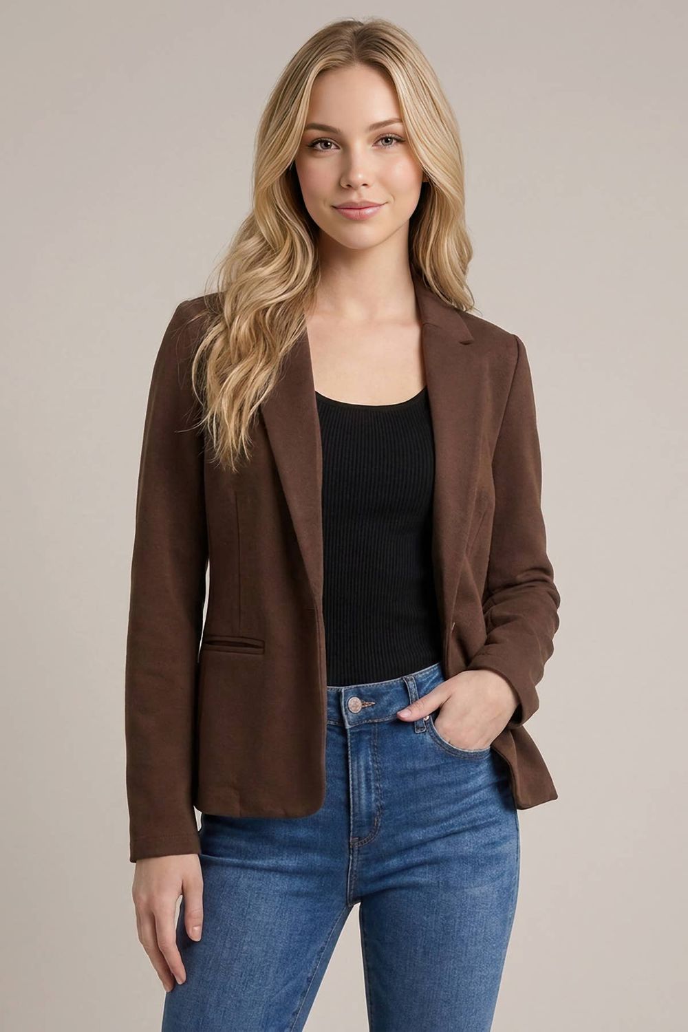 The Mocha Classic - Single-Button Knit Blazer, Size: SMALL