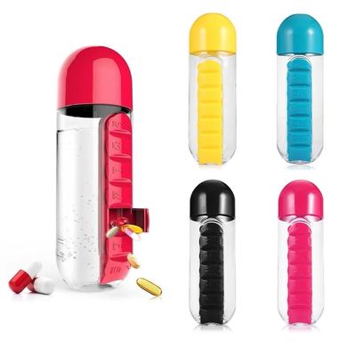 A water bottle and a medicine container