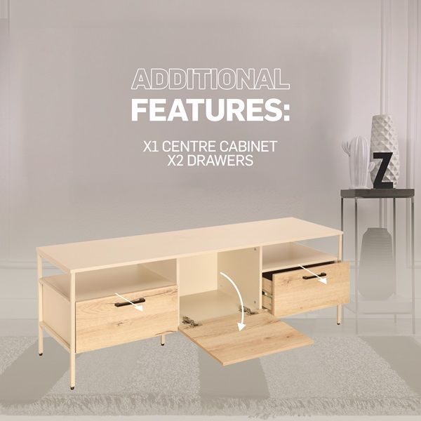 Everfurn Ellen TV Stand, Melamine, Powder Coated Steel Frame, 2 Drawers, Storage Cabinet