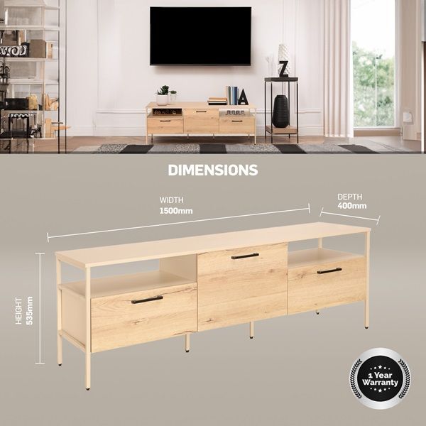 Everfurn Ellen TV Stand, Melamine, Powder Coated Steel Frame, 2 Drawers, Storage Cabinet