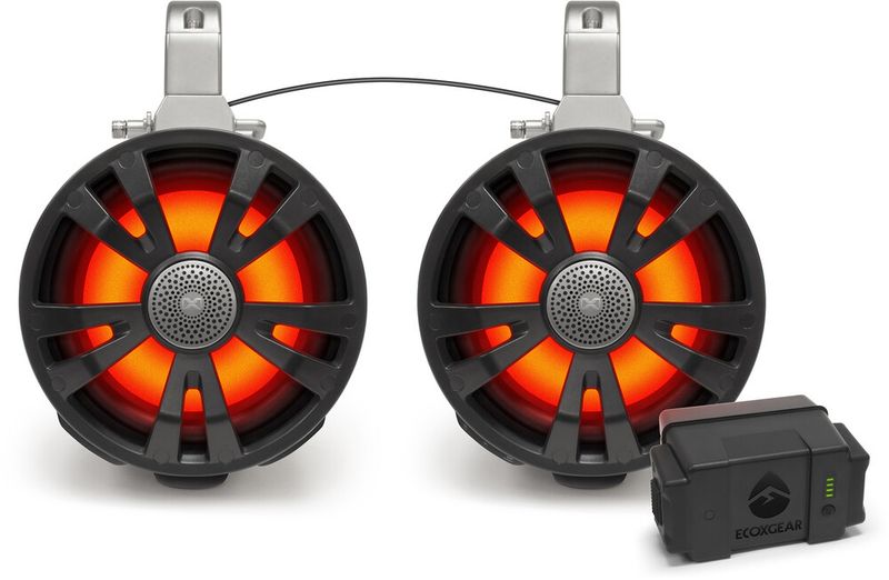 ECOXGEAR 2-PACK 8&#39; SPEAKERS ONE AMPLIFIED + BATTERY ONE NO