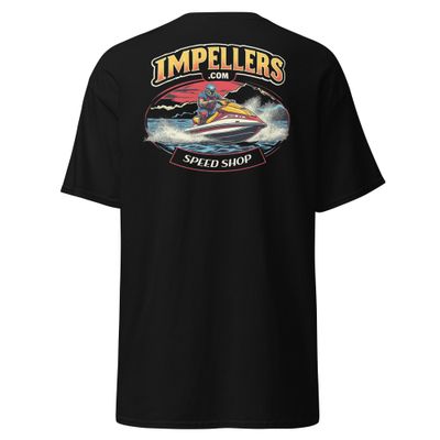 Impellers .com logo Speed Shop Unisex classic tee shirt black back side with Jet ski racing on lake