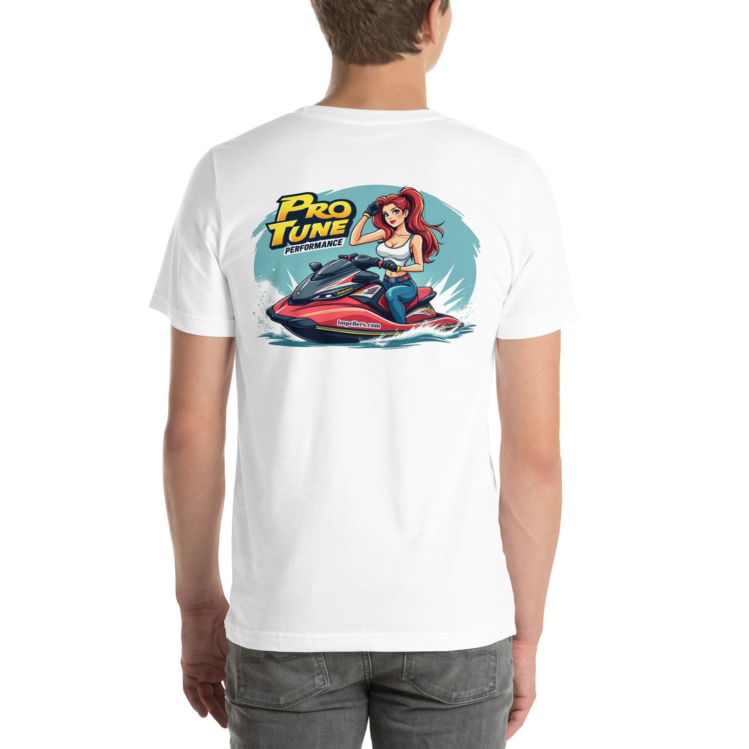 Impellers.com Pro Tune Performance Unisex t-shirt With Pretty girl riding a jetski PWC
