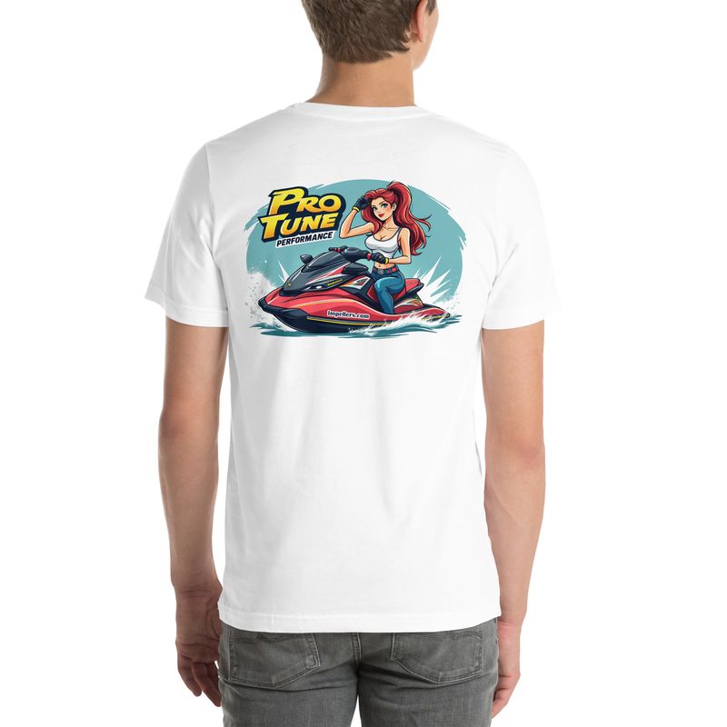 Impellers.com Pro Tune Performance Unisex t-shirt With Pretty girl riding a jetski PWC