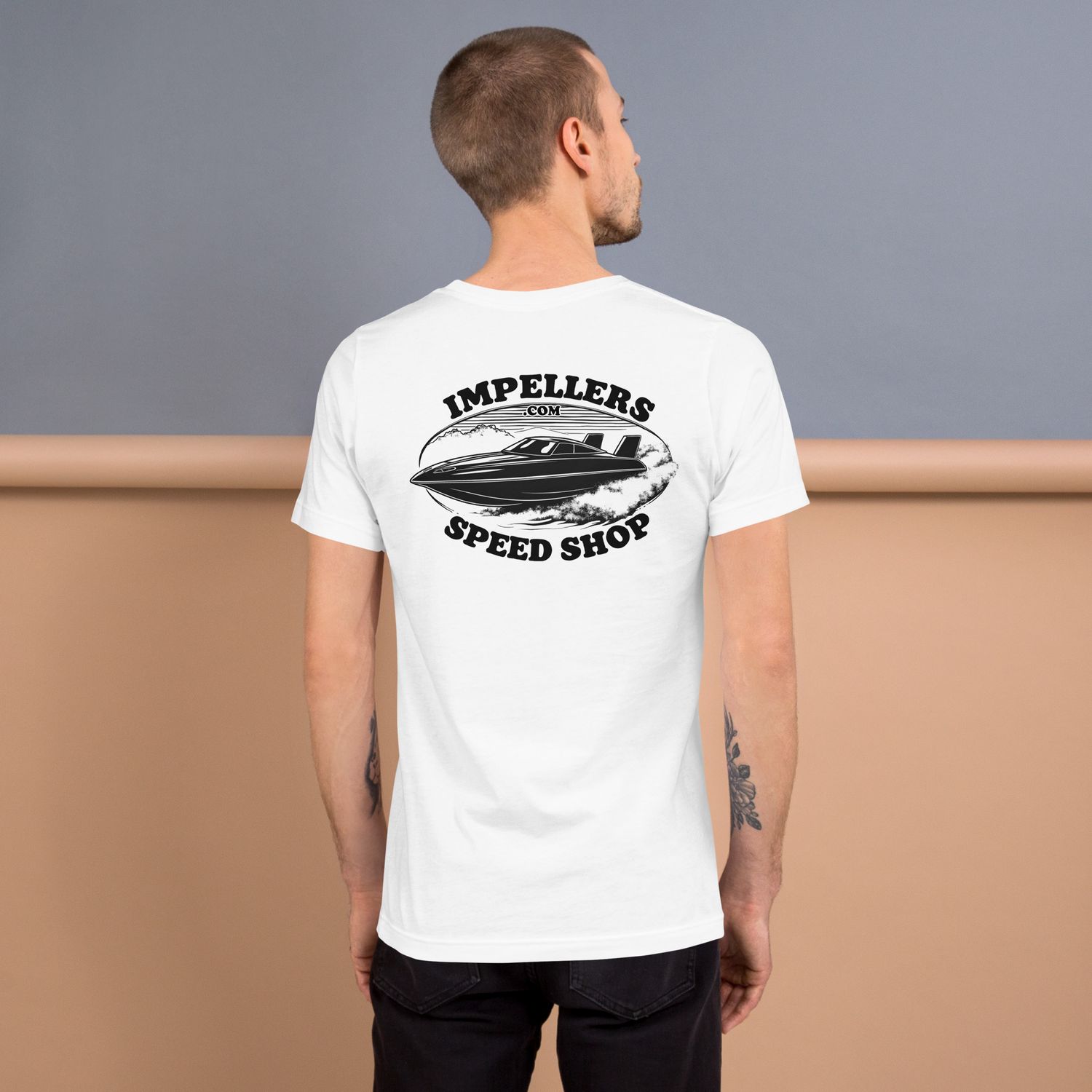 Impellers Jet Boat Speed Shop Unisex t-shirt Withe Logo and Jet Boat in design