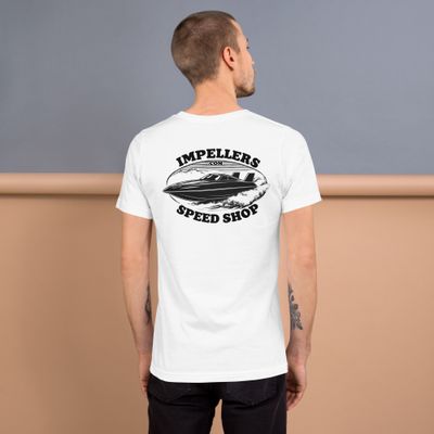 Impellers Jet Boat Speed Shop Unisex t-shirt Withe Logo and Jet Boat in design