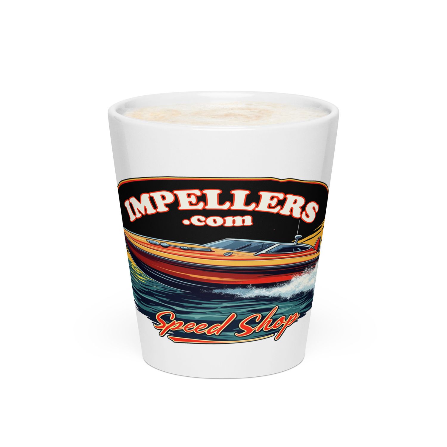 Impellers Boat Speed Shop Latte mug