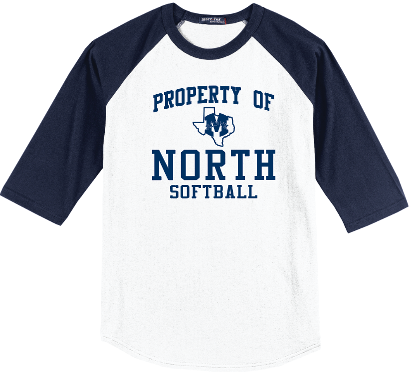 North Softball - Property Of - Raglan Baseball, Color: White / Navy