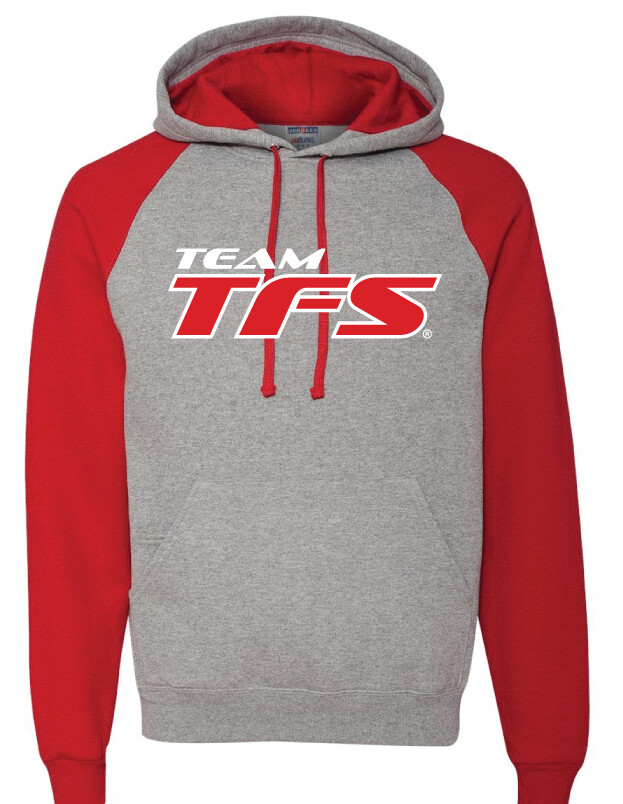 Team TFS - 2-Tone Raglan Hoodie, Design Color: Red / White, Design Size: Big Logo, Garment Color: Red