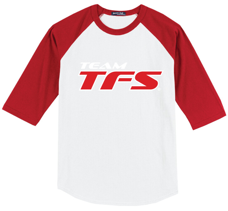 Team TFS - Raglan Baseball, Design Color: Red / White, Design Size: Big Logo, Garment Color: White / Red