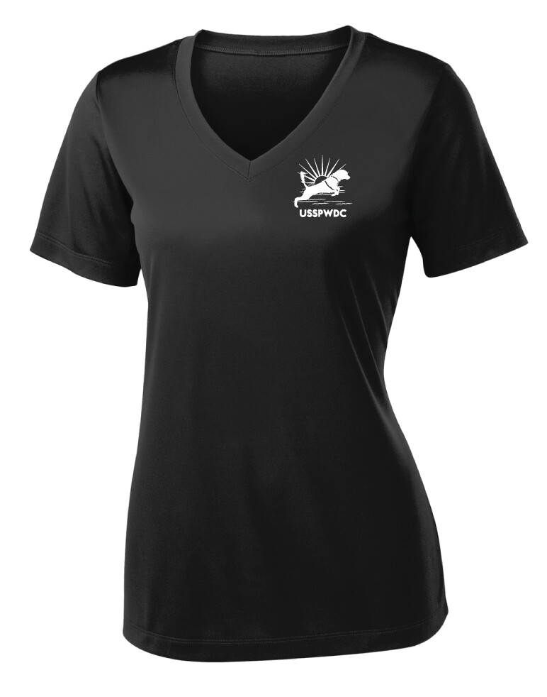 USSPWDC - Sunrise Dog - Ladies Dri-Fit V-Neck, Garment Color: Black