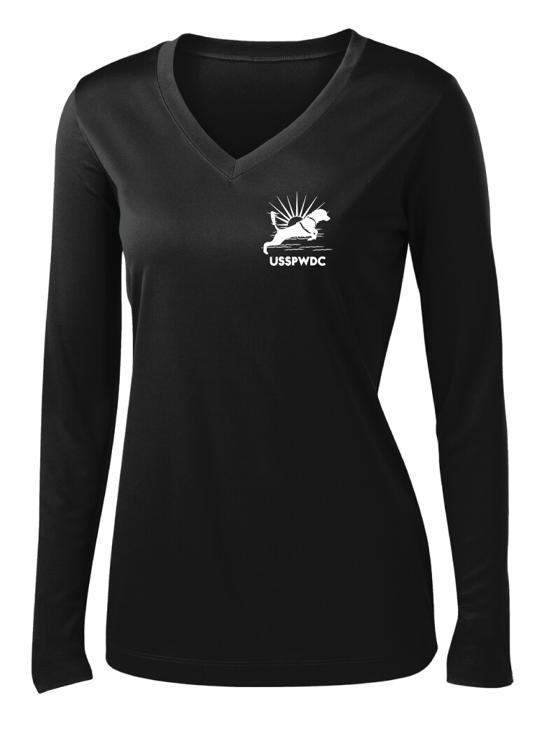USSPWDC - Sunrise Dog - Ladies Dri-Fit V-Neck Long Sleeve, Garment Color: Black