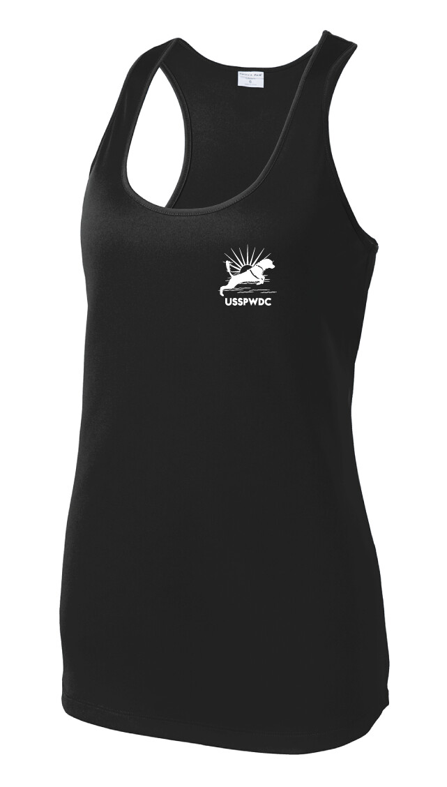 USSPWDC - Sunrise Dog - Ladies Dri-Fit Racerback Tank, Garment Color: Black