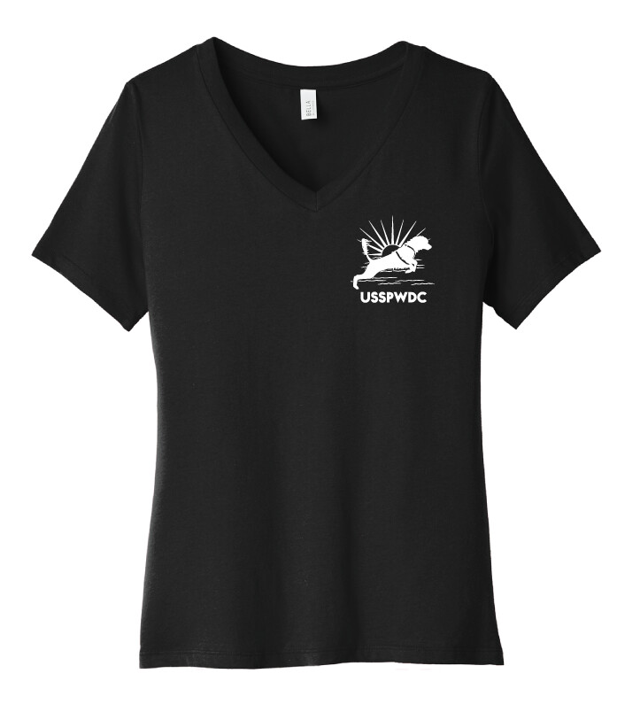 USSPWDC - Sunrise Dog - Ladies Bella+Canvas V-Neck, Garment Color: Black