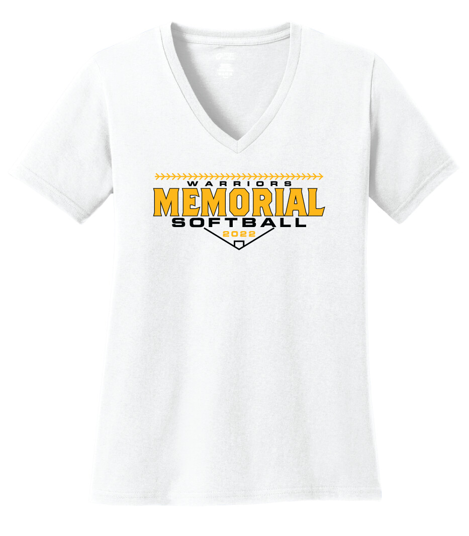 Memorial Softball - Block Design - Ladies V-Neck Short Sleeve, Garment Color: White