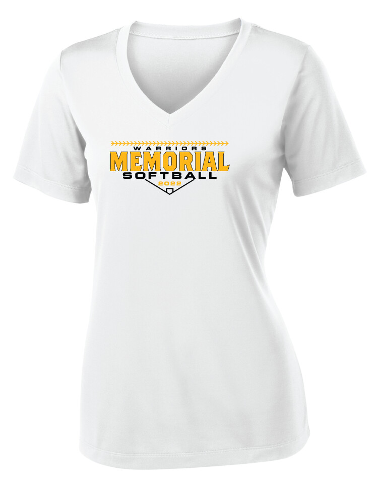 Memorial Softball - Block Design - Ladies Dri-Fit V-Neck, Garment Color: White
