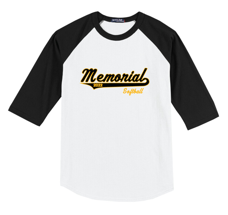 Memorial Softball - Script Design - Raglan Baseball, Garment Color: White / Black