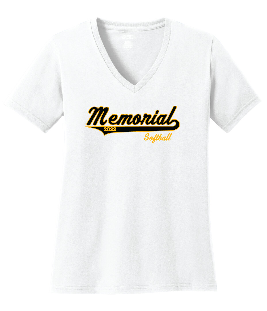 Memorial Softball - Script Design - Ladies V-Neck Short Sleeve, Garment Color: White
