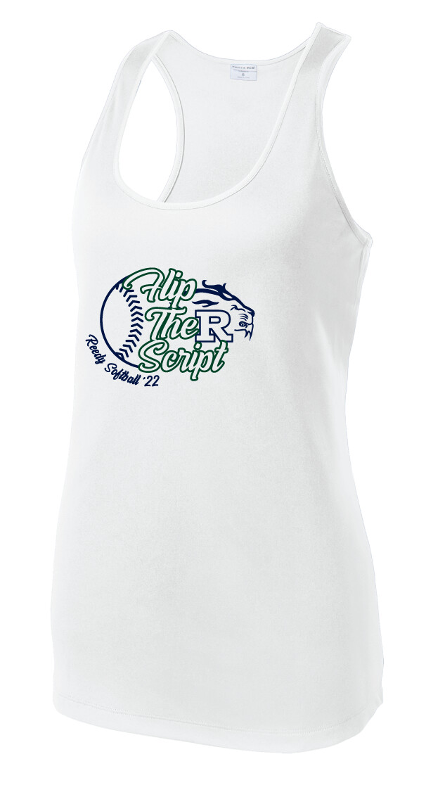 Reedy Softball - Flip the Script - Dri-Fit Racerback Tank, Garment Color: White