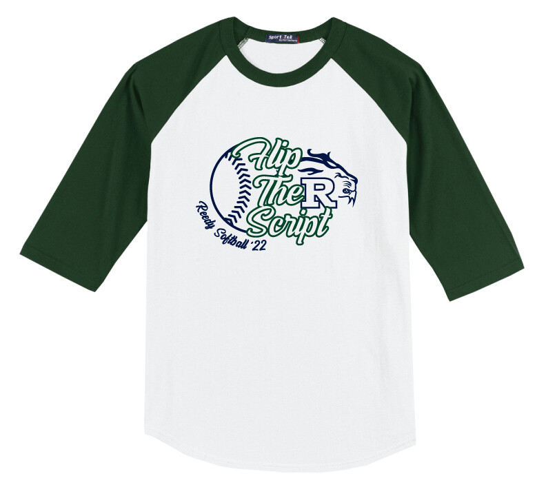Reedy Softball - Flip the Script - Raglan Baseball, Garment Color: White / Green