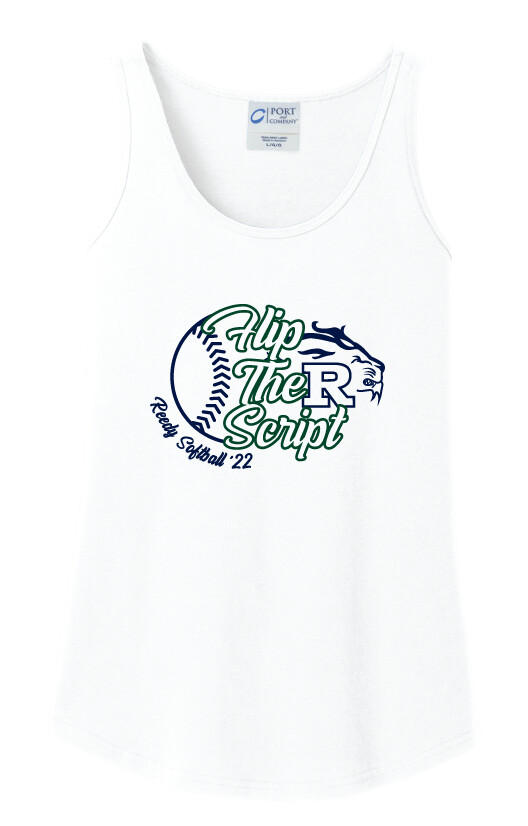 Reedy Softball - Flip the Script - Ladies Cotton Tank, Garment Color: White