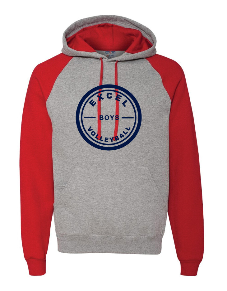 Excel Volleyball - Circle Design - Raglan Hoodie, Garment Color: Grey / Red