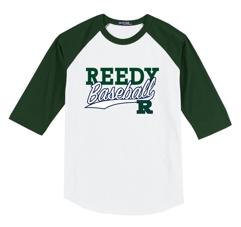 Reedy Baseball - Block Script - Raglan Baseball, Garment Color: White / Forest Green