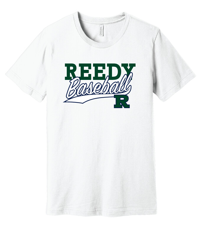 Reedy Baseball - Block Script - Bella+Canvas Short Sleeve, Garment Color: White